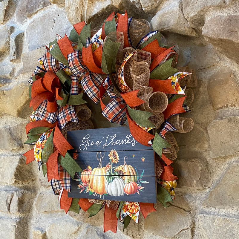 Give Thanks Blue, Green, and Orange Mesh Wreath