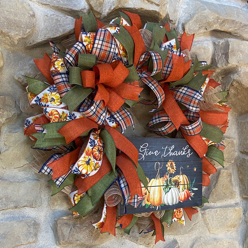 Give Thanks Blue, Green, and Orange Mesh Wreath